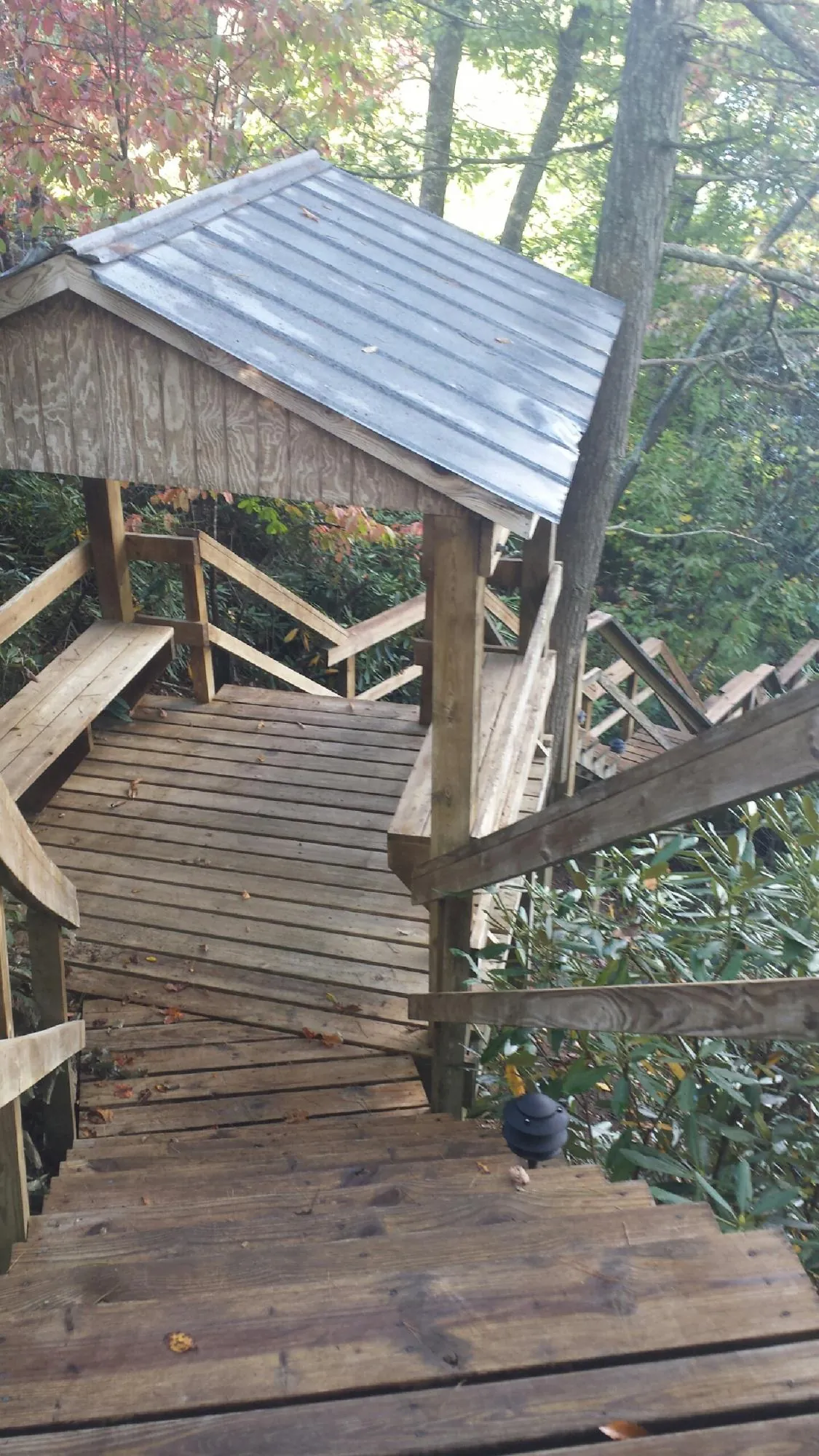 Metal roofed shelter over wooden steps on a wooded walkway — Skylight Repair & Installation work by our crew in Runnells